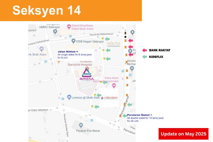 Seksyen 14, Persiaran Damai & Persiaran Ikhtisas, Shah Alam, Selangor (near Avisena Hospital)